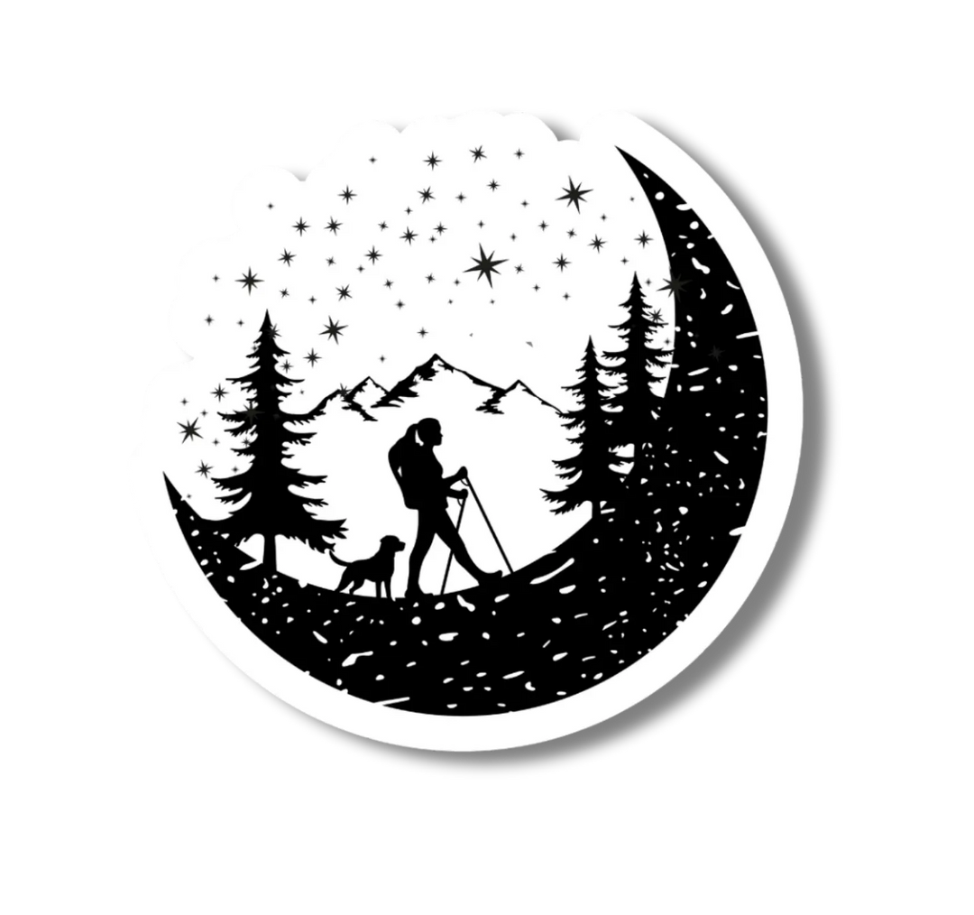 Hiker And Dog In The Mountains Black and White Vinyl Sticker National Parks and Beyond