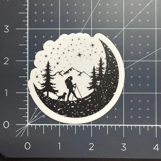 Hiker And Dog In The Mountains Black and White Vinyl Sticker National Parks and Beyond
