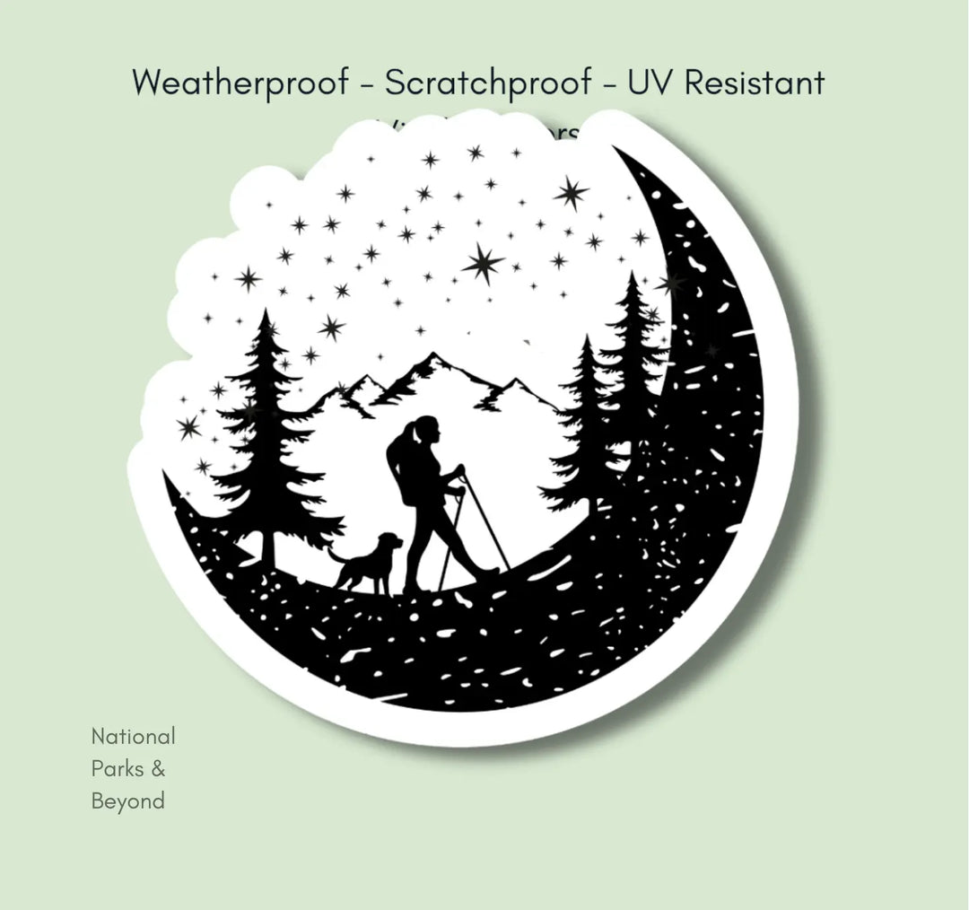 Hiker And Dog In The Mountains Black and White Vinyl Sticker National Parks and Beyond