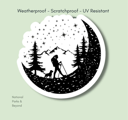 Hiker And Dog In The Mountains Black and White Vinyl Sticker National Parks and Beyond