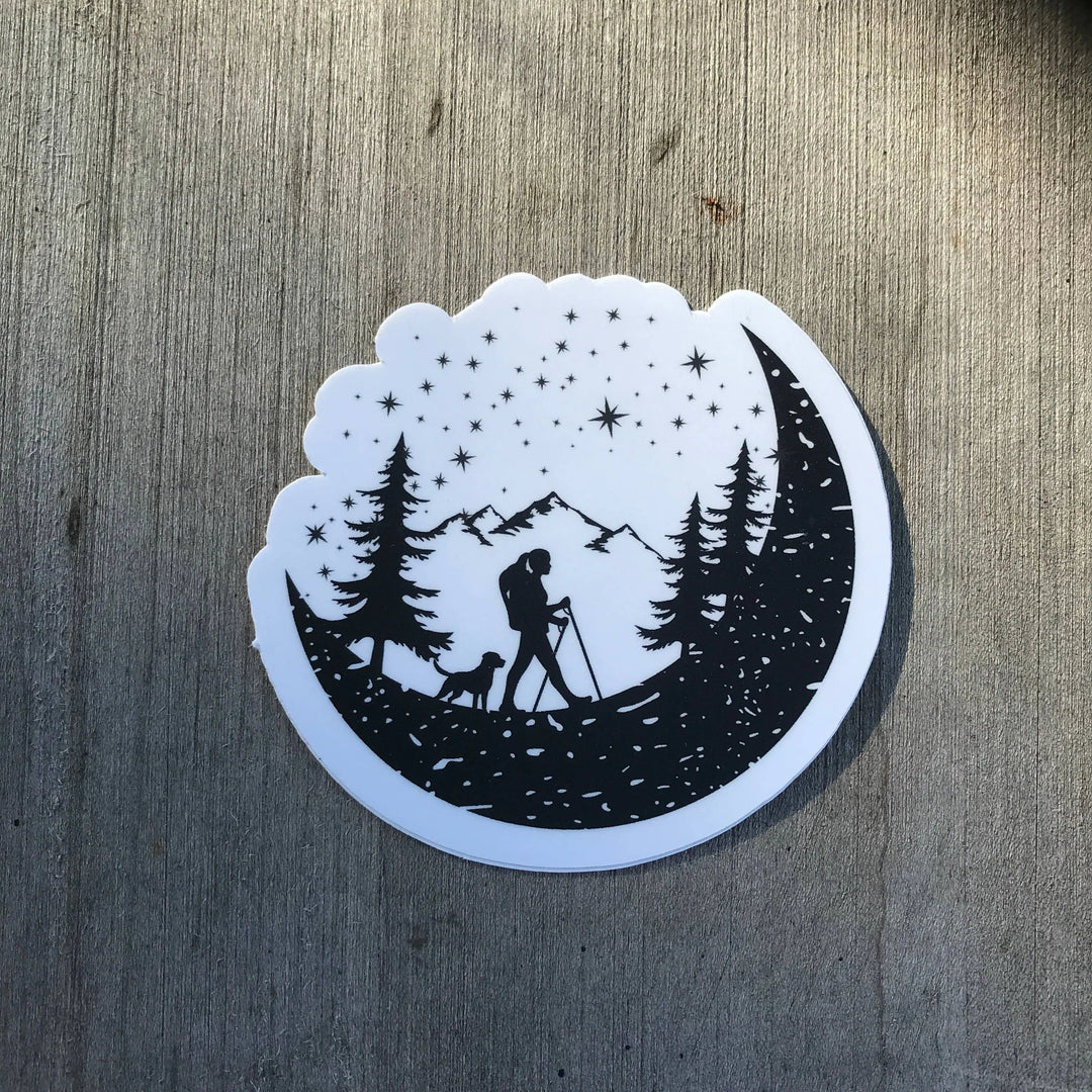 Hiker And Dog In The Mountains Black and White Vinyl Sticker National Parks and Beyond