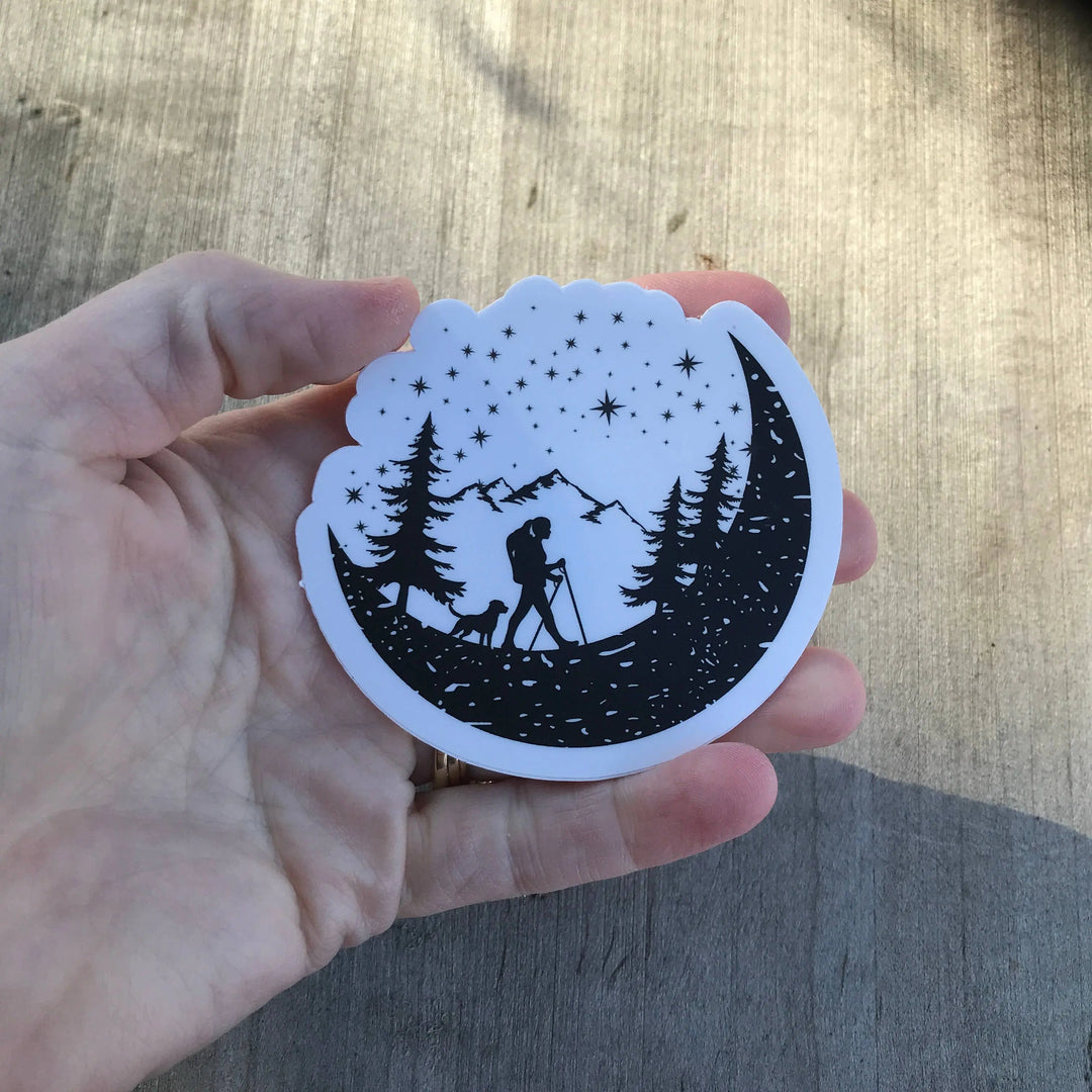 Hiker And Dog In The Mountains Black and White Vinyl Sticker National Parks and Beyond