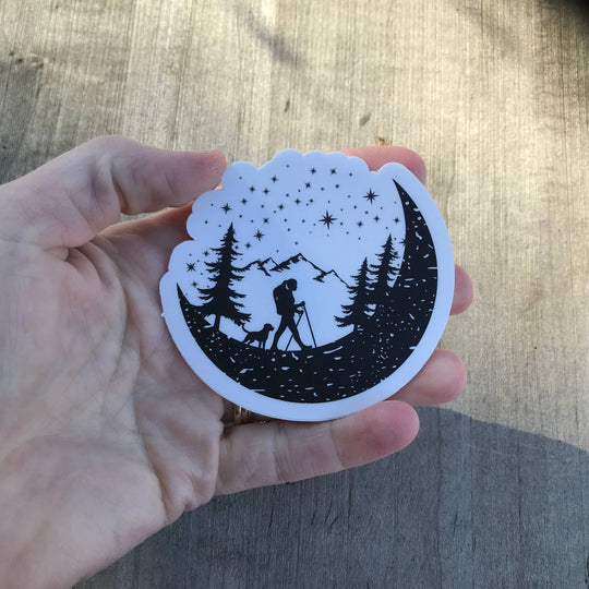 Hiker And Dog In The Mountains Black and White Vinyl Sticker National Parks and Beyond