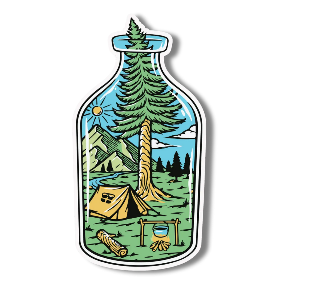 National Parks and Beyond Bottle of Serenity Camping Scene Sticker National Parks and Beyond