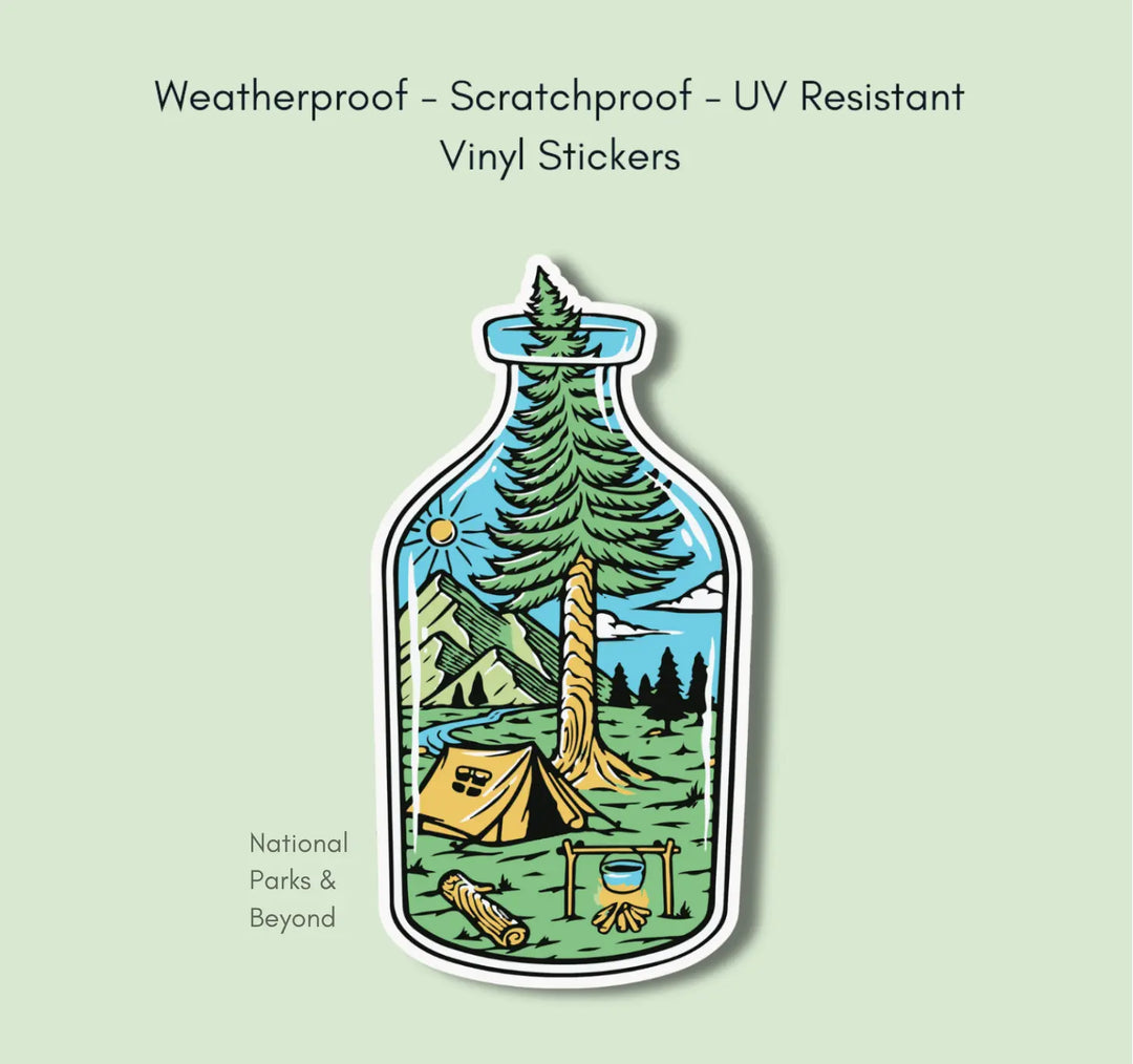 National Parks and Beyond Bottle of Serenity Camping Scene Sticker National Parks and Beyond