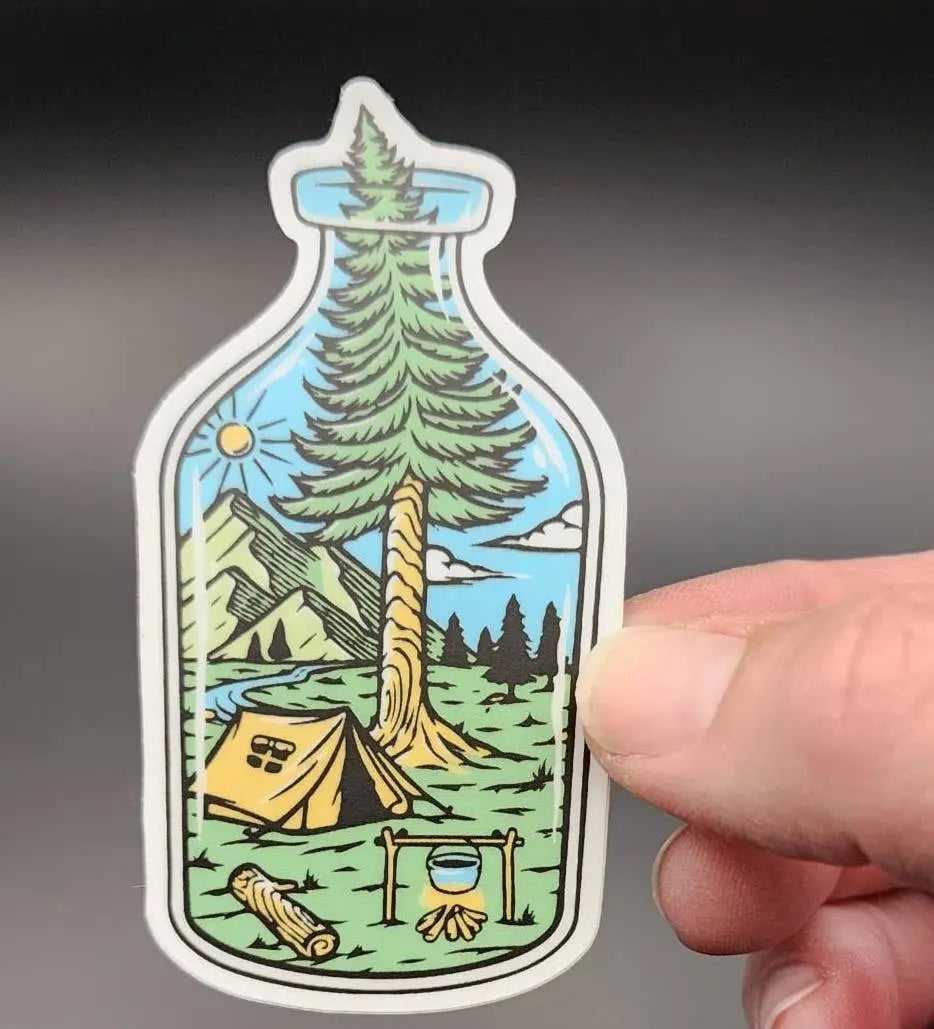 National Parks and Beyond Bottle of Serenity Camping Scene Sticker National Parks and Beyond