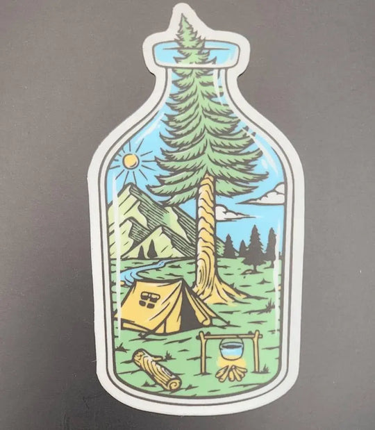 National Parks and Beyond Bottle of Serenity Camping Scene Sticker National Parks and Beyond