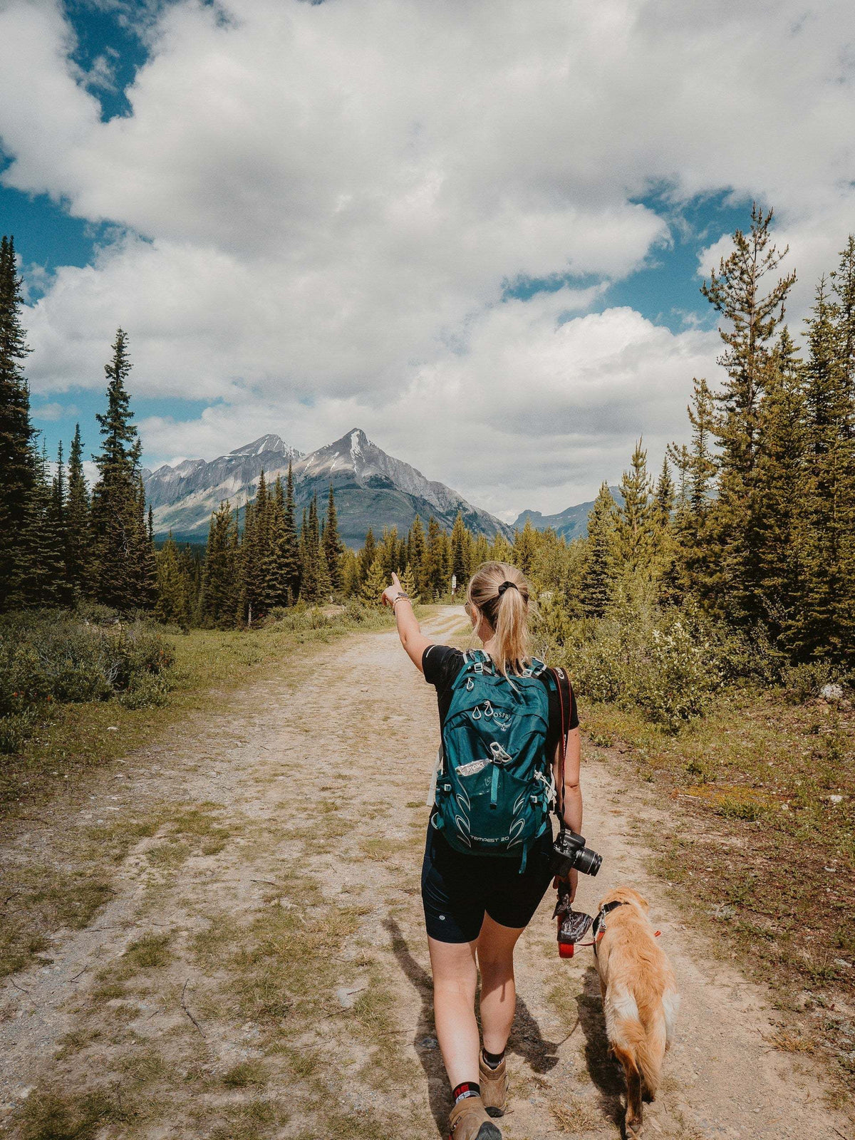 Mountain hiking trail with a woman wearing a teal backpack and walking a golden dog toward rugged peaks; Hike with Your Dog
