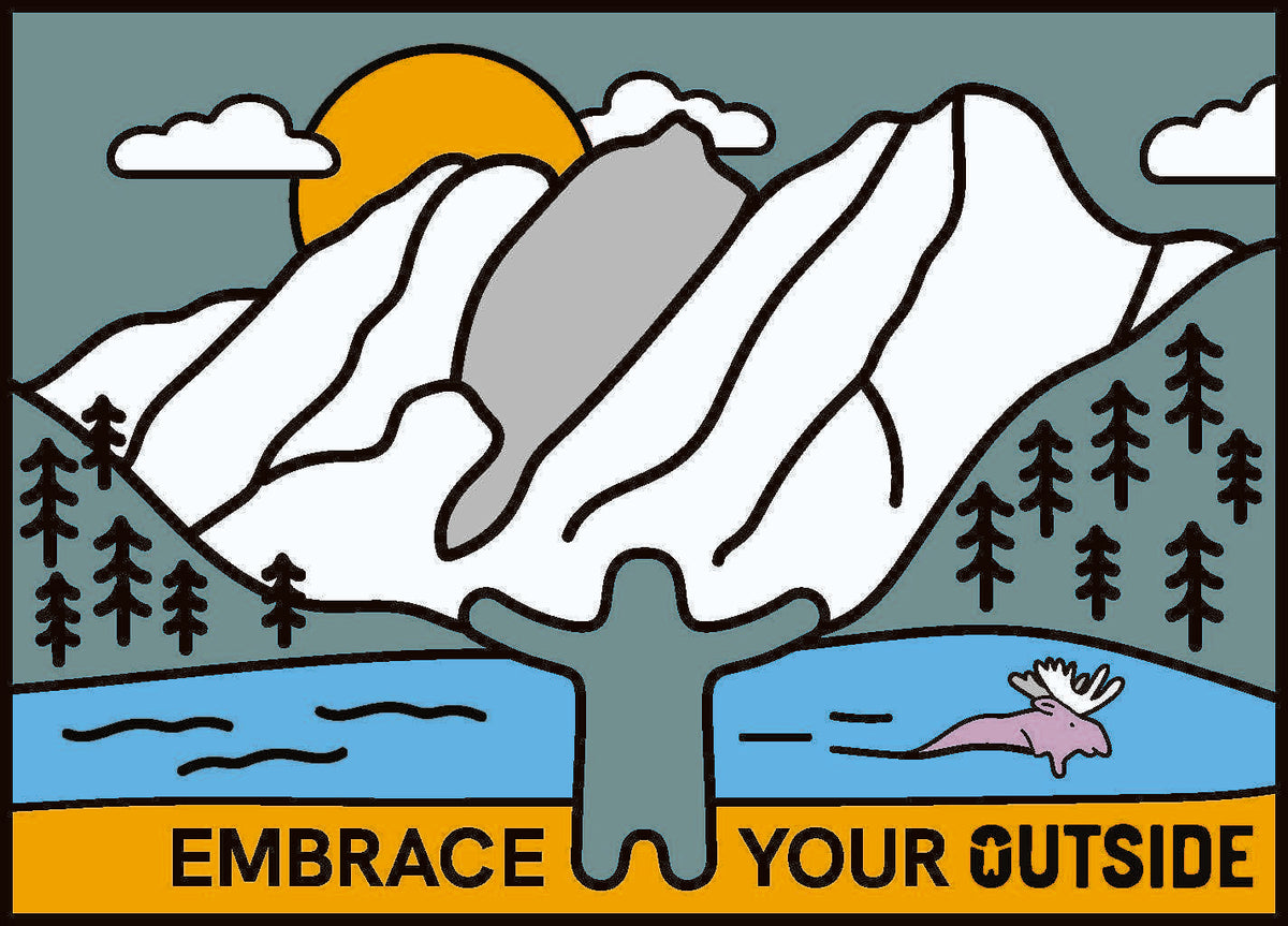 Pickleball graphic with a gray bear embracing a white mountain, orange sun, blue lake, and bold outdoor slogan
