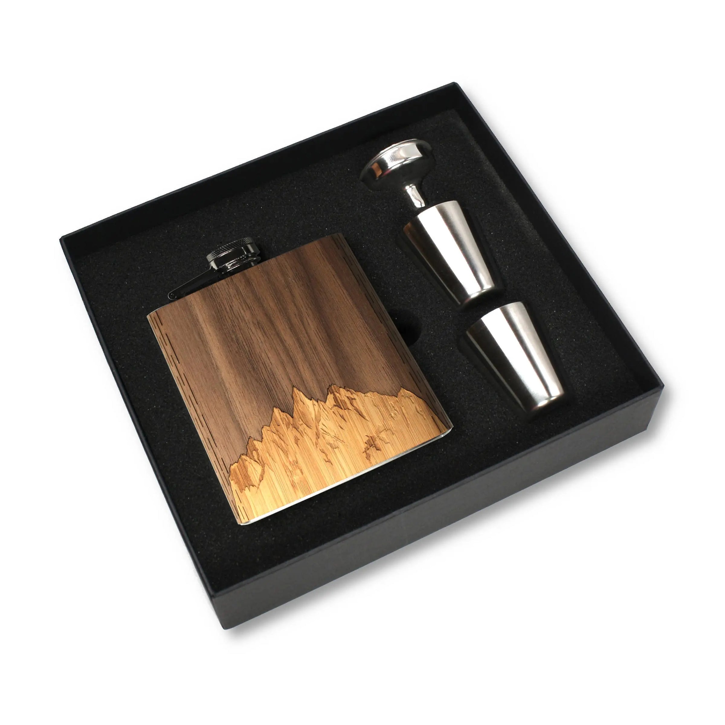 6 oz. Wooden Hip Flask & Gift Box with Shotglasses & Funnel WUDN Handcrafted