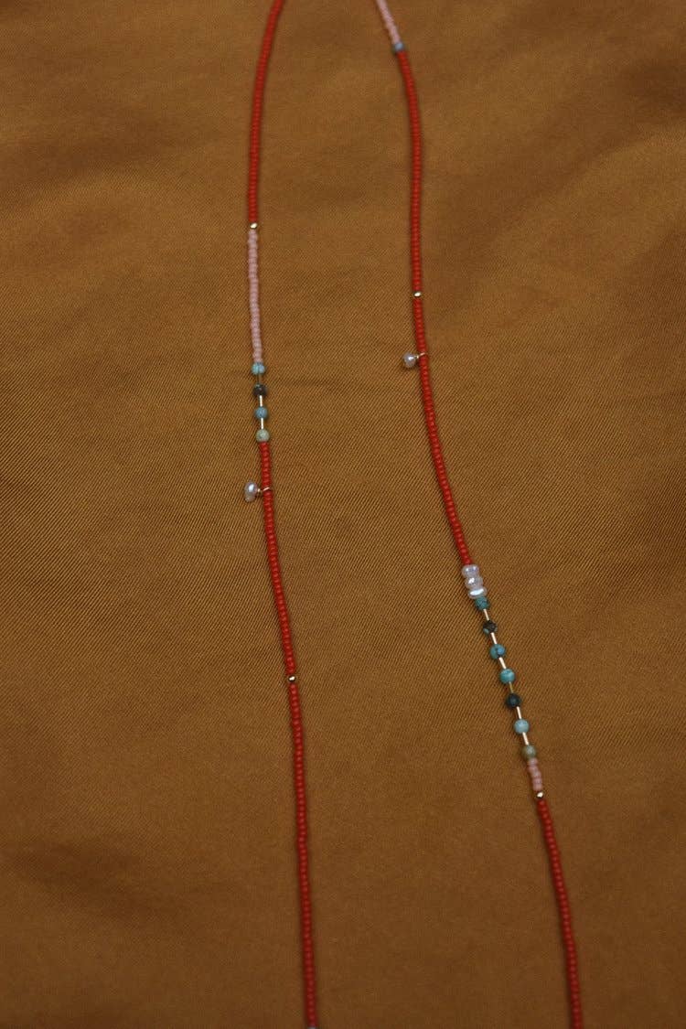 Wrap bracelet- in cherry with turquoise and pearls