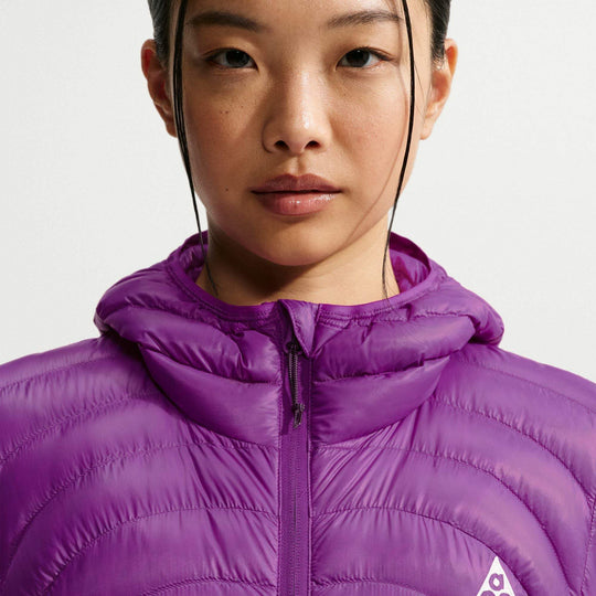 ACG Lava Flow Ultralight down jacket in vivid purple nylon, with a hood, front zipper and quilted baffles.