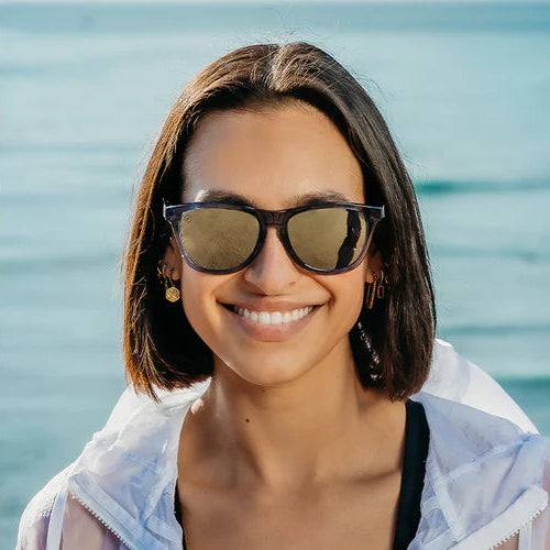 Two people wearing sunglasses with a scenic background