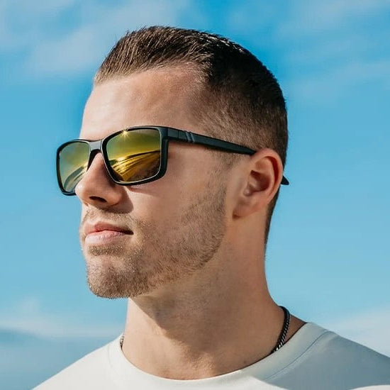 Man wearing sunglasses with a clear blue sky background