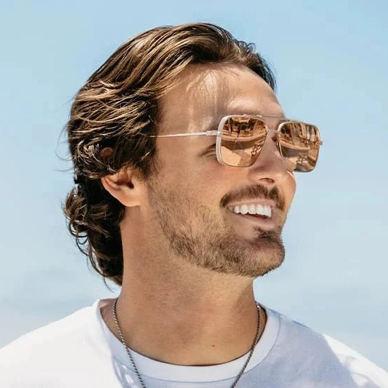 Man wearing sunglasses with a clear blue sky background