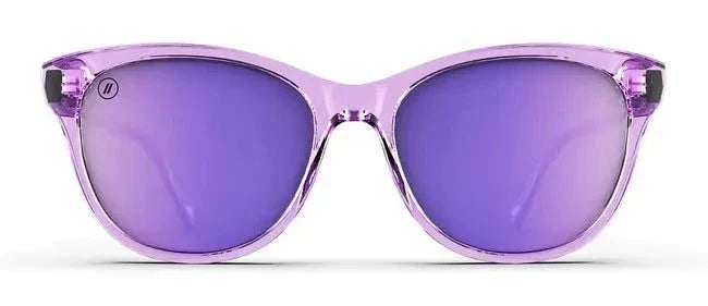 Blenders Palmy Lilac Lush cat-eye sunglasses with a translucent crystal-lavender frame and purple mirrored lenses.