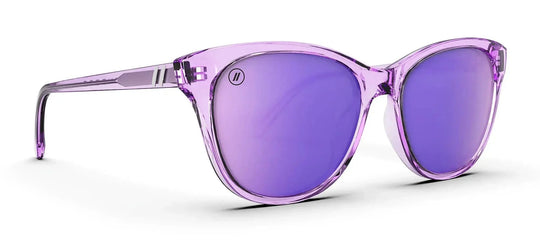 Blenders Palmy Lilac Lush sunglasses with a glossy crystal-lilac cat-eye frame and purple mirrored lenses.