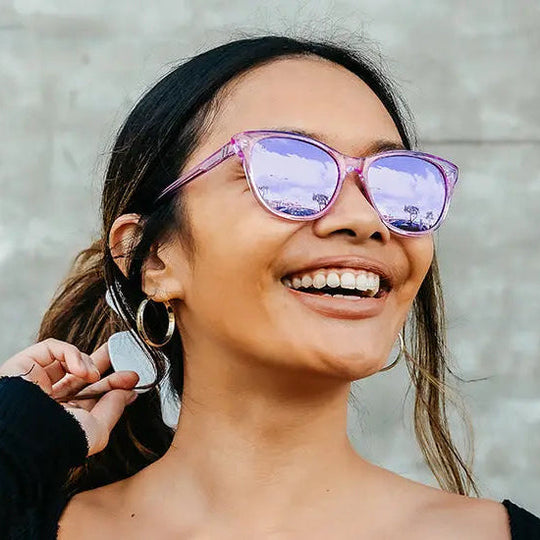 Blenders Palmy Lilac Lush sunglasses with a glossy translucent lilac cat-eye frame and lavender mirrored lenses.