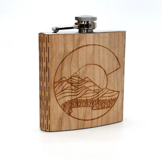 Colorado Landscape 6 oz. Wooden Hip Flask (Outdoor Adventure Series - Art by Ben McKenzie) WUDN Handcrafted