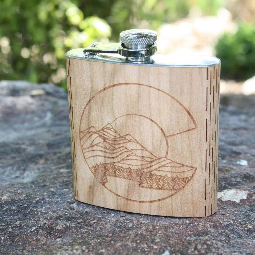 Colorado Landscape 6 oz. Wooden Hip Flask (Outdoor Adventure Series - Art by Ben McKenzie) WUDN Handcrafted