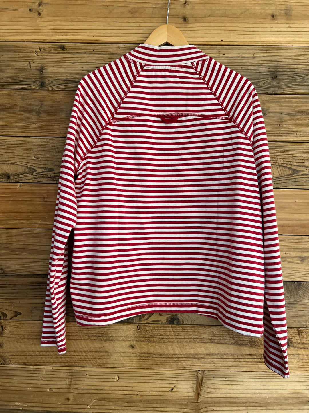 FP Movement Restoration cotton pullover with red and white horizontal stripes, raglan sleeves, mock neck and back logo detail.