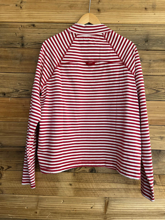 FP Movement Restoration cotton pullover with red and white horizontal stripes, raglan sleeves, mock neck and back logo detail.