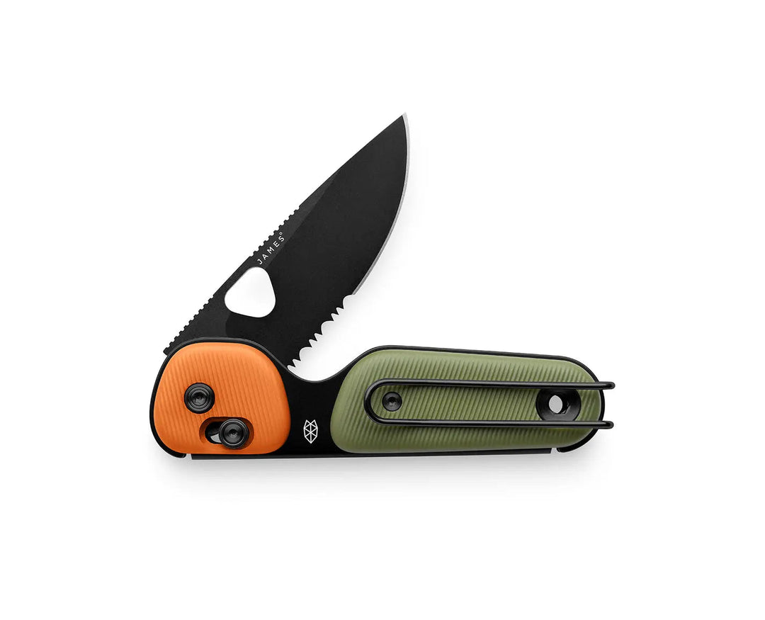 James Brand The Redstone folding knife with a black serrated blade, olive green handle and orange grip panel.