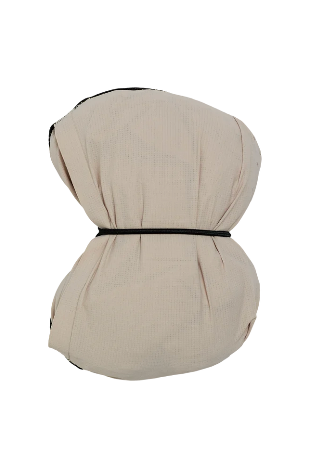 A beige textured fabric dust bag or cover, gathered and secured with a black elastic band, shown against a plain white background.