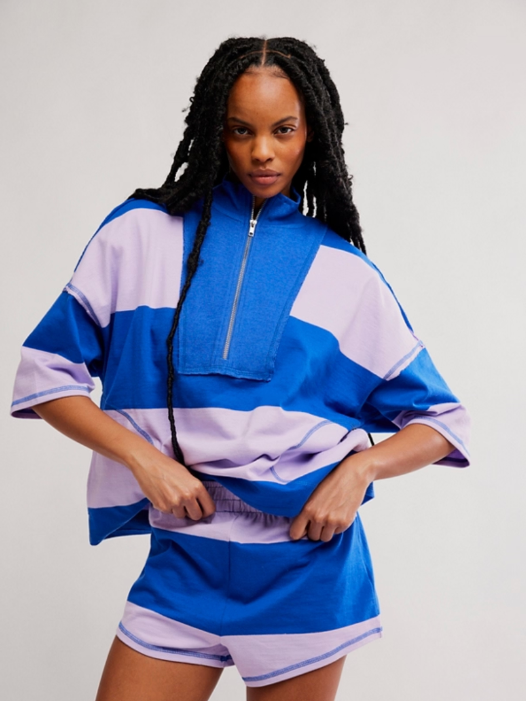FP Movement Retro Rugby Set in Electric Shock Combo — boxy quarter-zip top, striped coordinating shorts