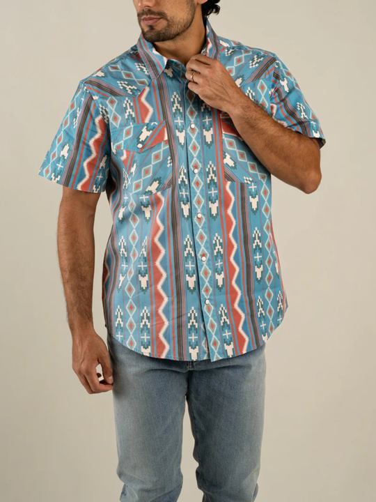 Sendero Provisions Co. The Wyatt Pearl Snap Short Sleeve Nogales Stripe Turquoise