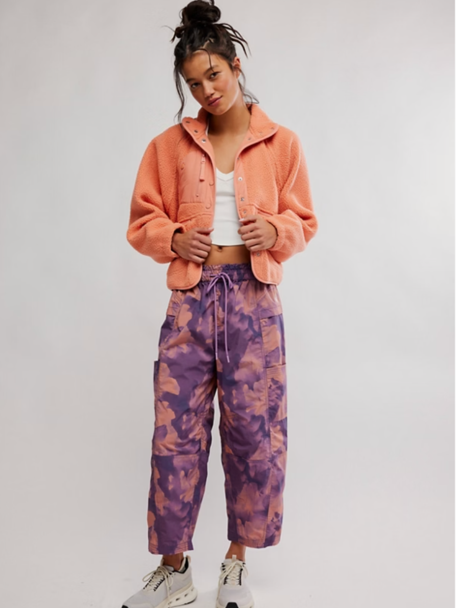 FP Movement In The Wild Printed Pant in Violet Cloud — paper bag waist, wide barrel leg, full-length fit