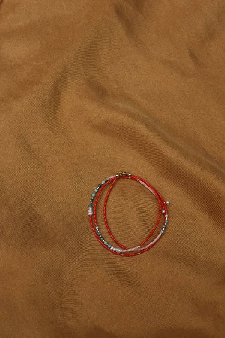 Wrap bracelet- in cherry with turquoise and pearls