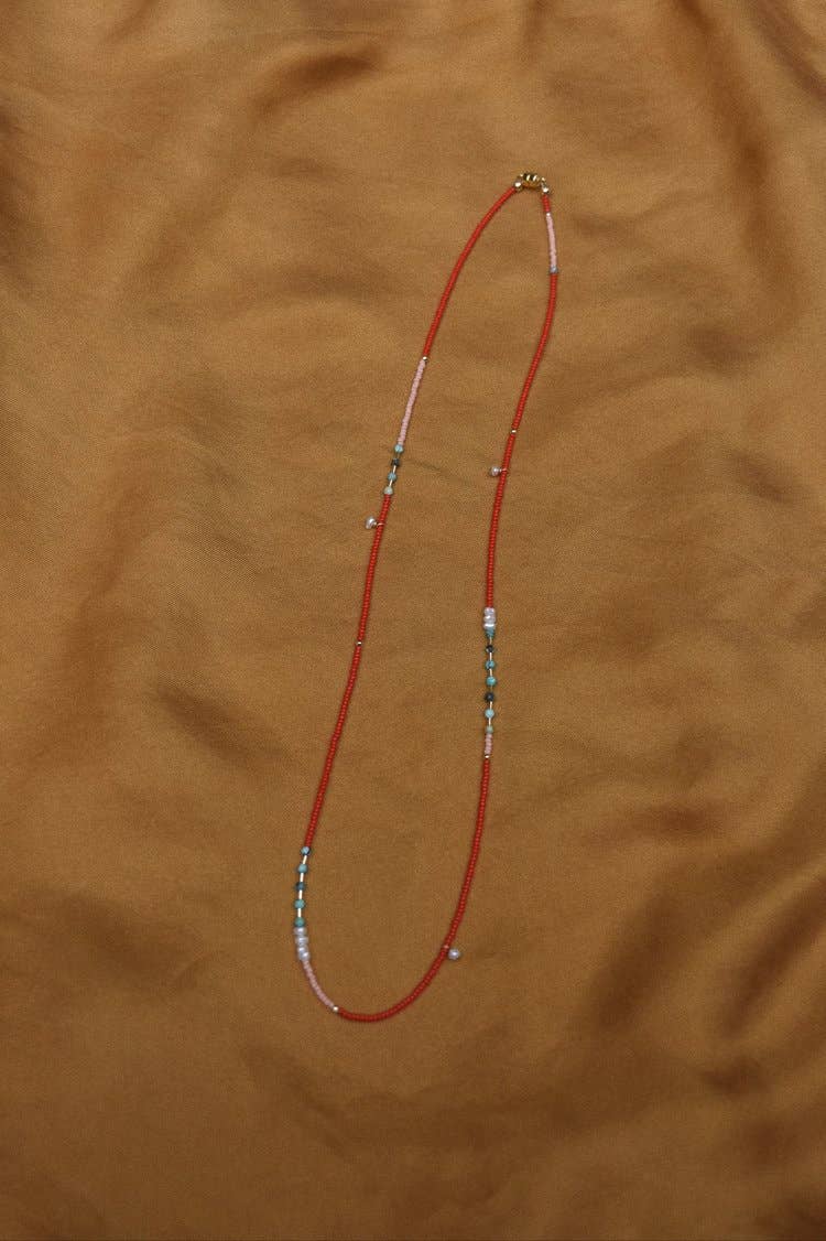 Wrap bracelet- in cherry with turquoise and pearls