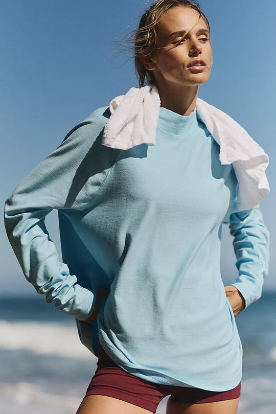 FP Movement Restoration Layer in Bright Blue — ultra-relaxed longline fit, foldover mock neck collar